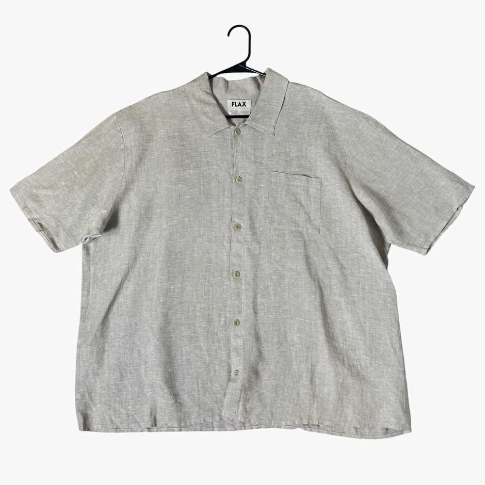 FLAX 100% Linen Camp Shirt Short Sleeve Men Large Beige Coastal Old Money Resort